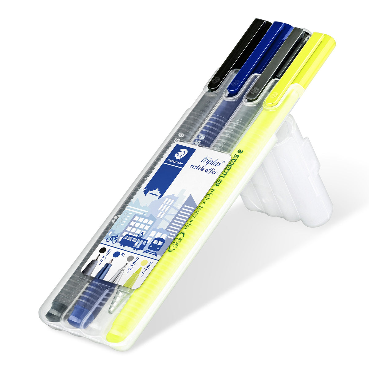 Current Staedtler triplus mobile office box open as a stand, black, blue, grey and yellow triplus pens leaning back