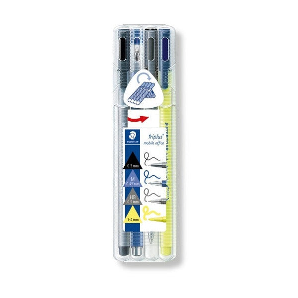Earlier Staedtler triplus mobile office packaging, closed, showing the same four triangular writing tools