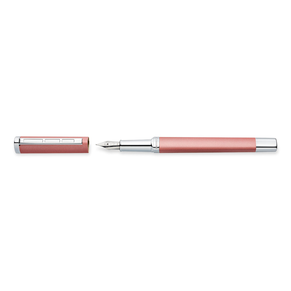 Rose triplus fountain pen in side view with the cap removed and laid beside it, showing the medium nib