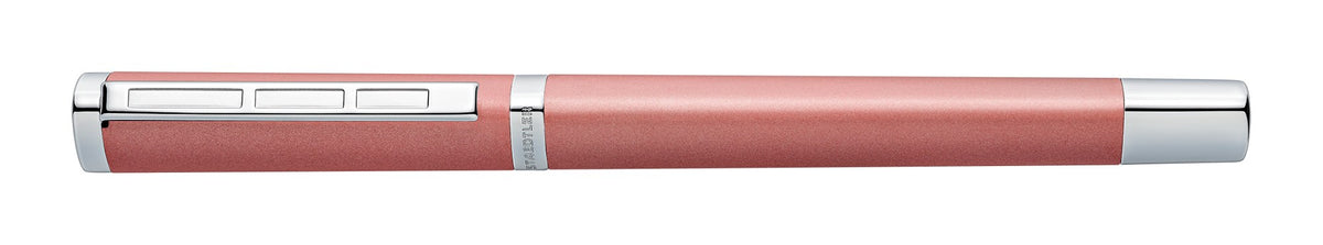 Rose triplus fountain pen lying capped in side view, polished silver clip and fittings