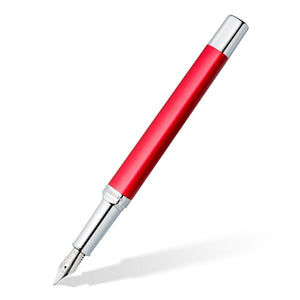 Staedtler triplus premium 474 M02-3 fountain pen in matt roaring red, capped and angled with the polished silver clip