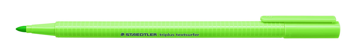 Neon green Staedtler triplus Textsurfer 362-5 with the cap posted on the end and the soft tip exposed