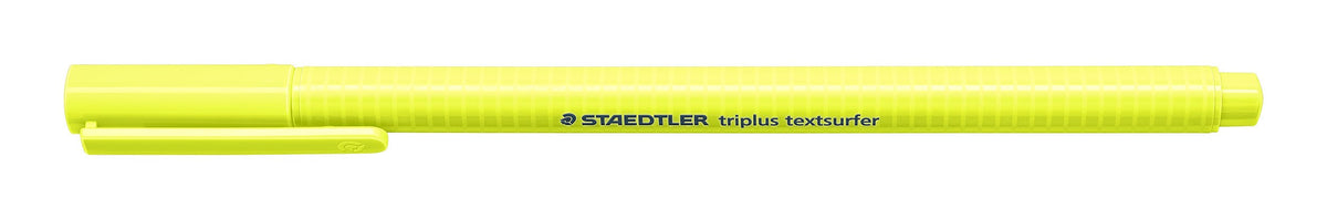 Capped neon yellow triplus Textsurfer 362-1 lying flat, clip on the cap and Staedtler branding along the barrel