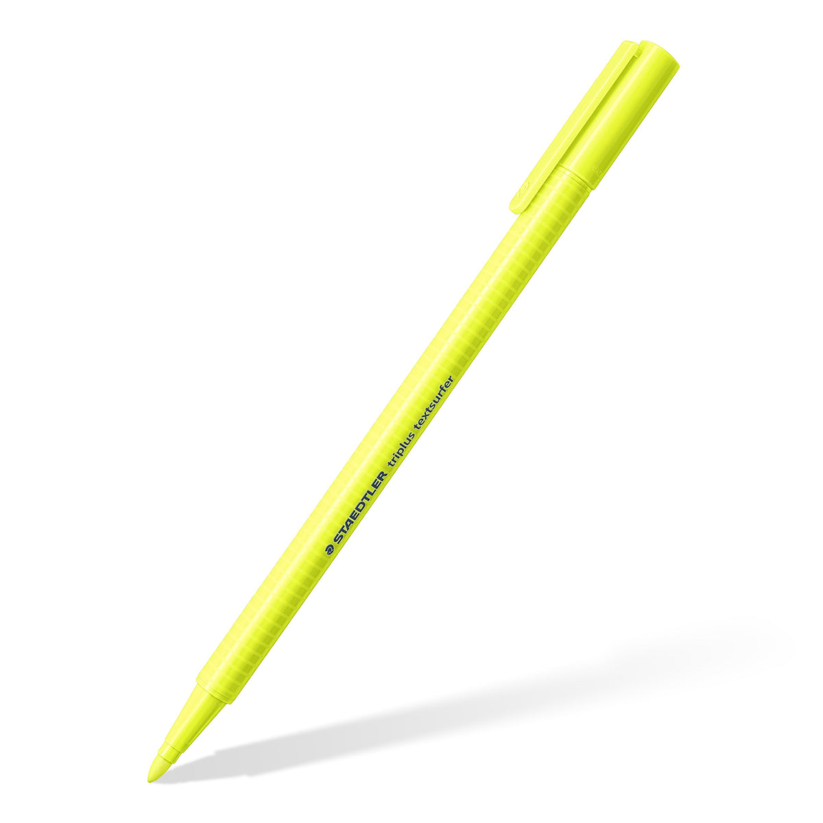 Single neon yellow triplus Textsurfer at an angle with its cap on, Staedtler product photo