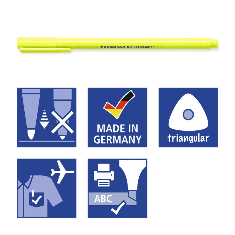 Staedtler pictograms under a yellow triplus Textsurfer: locked tip, Made in Germany, triangular, airplane-safe and inkjet safe