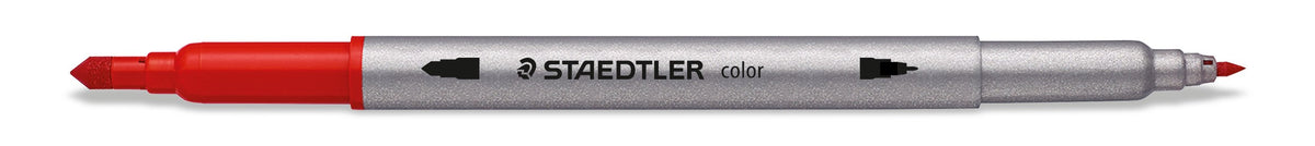 Single Staedtler 3200 double-ended fibre-tip pen lying flat, silver barrel with a red cap at each end