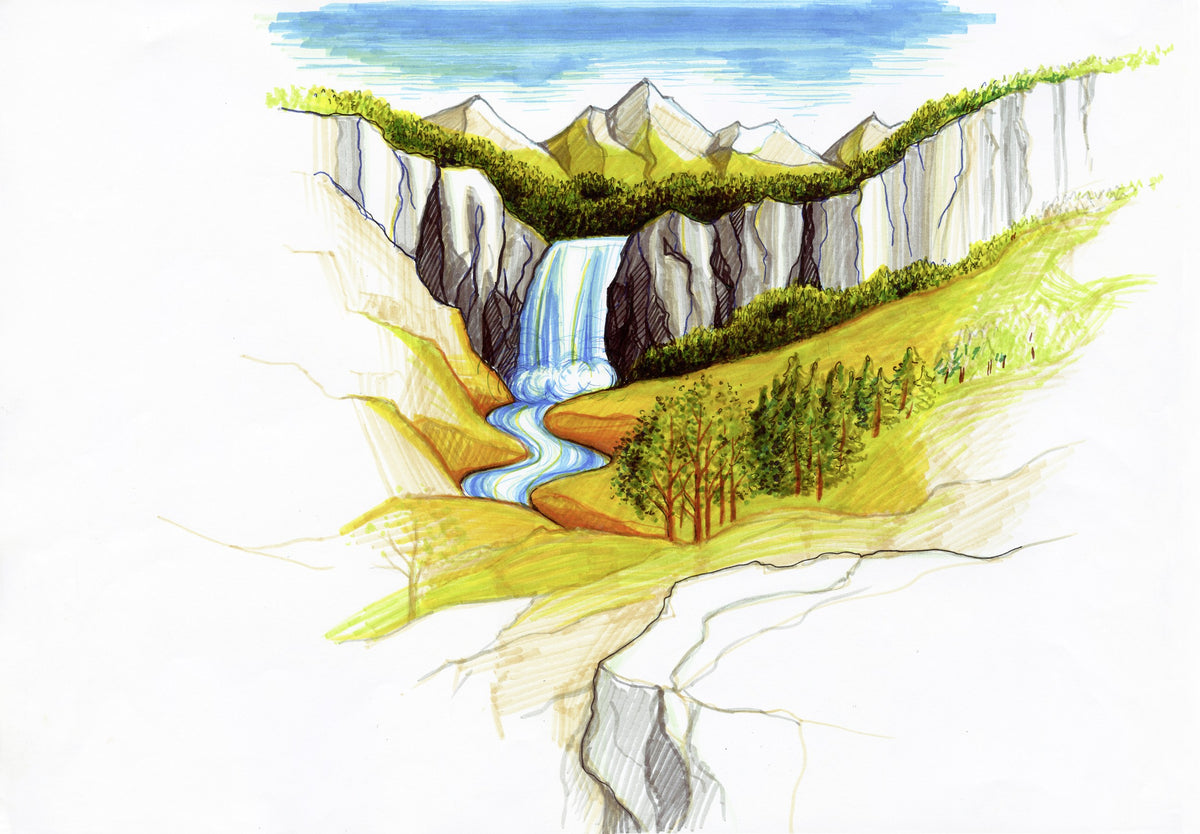 Colour drawing of a waterfall pouring through a green canyon with mountains behind, Staedtler artwork made with the 3200 double-ended pens