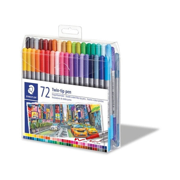 Earlier Staedtler wallet of 72 twin-tip pens with a busy city street illustration on the front, shown as previous packaging