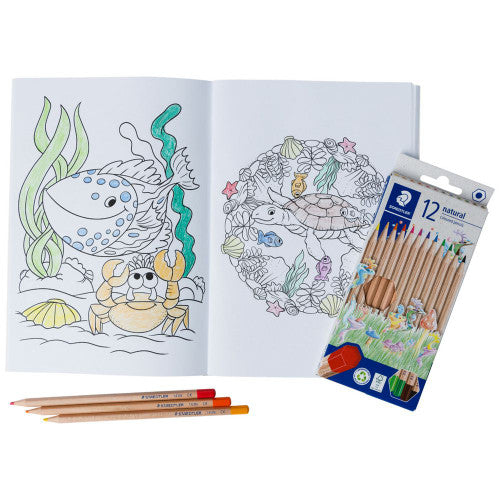 Open Underwater Adventures colouring book with a partly coloured spotted fish and crab on one page and a sea life mandala on the other, beside the 12 pencil box