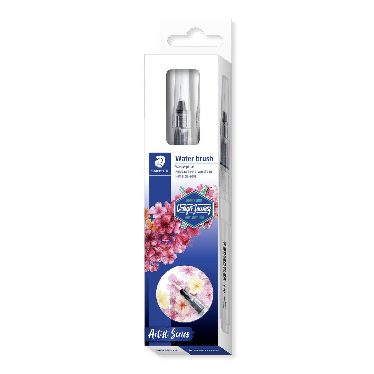 Staedtler water brush card 949 BK-1-C in the current Artist Series design, one clear water brush shown above a pink floral painting