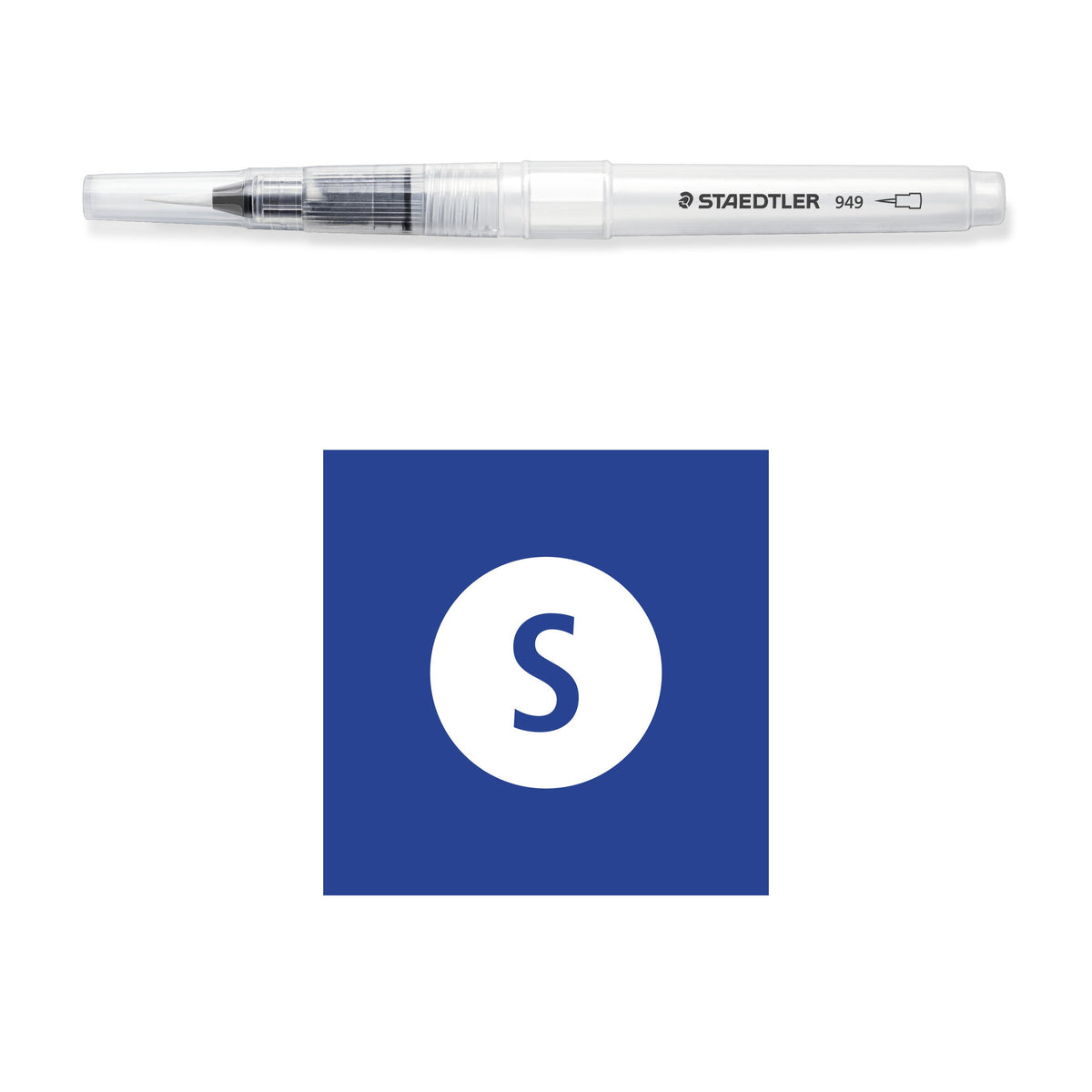 Staedtler pictogram tile showing a 949 water brush above a blue square with a white S symbol