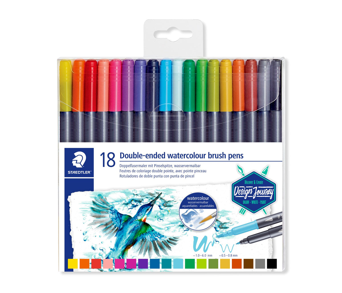 Staedtler wallet of 18 double-ended watercolour brush pens with the pens in two rows behind a clear window and a watercolour kingfisher on the printed card below