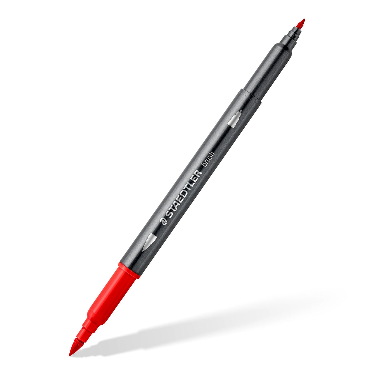 Single Staedtler 3001 double-ended pen with a grey barrel, a red brush tip at the lower end and a red fine tip at the top