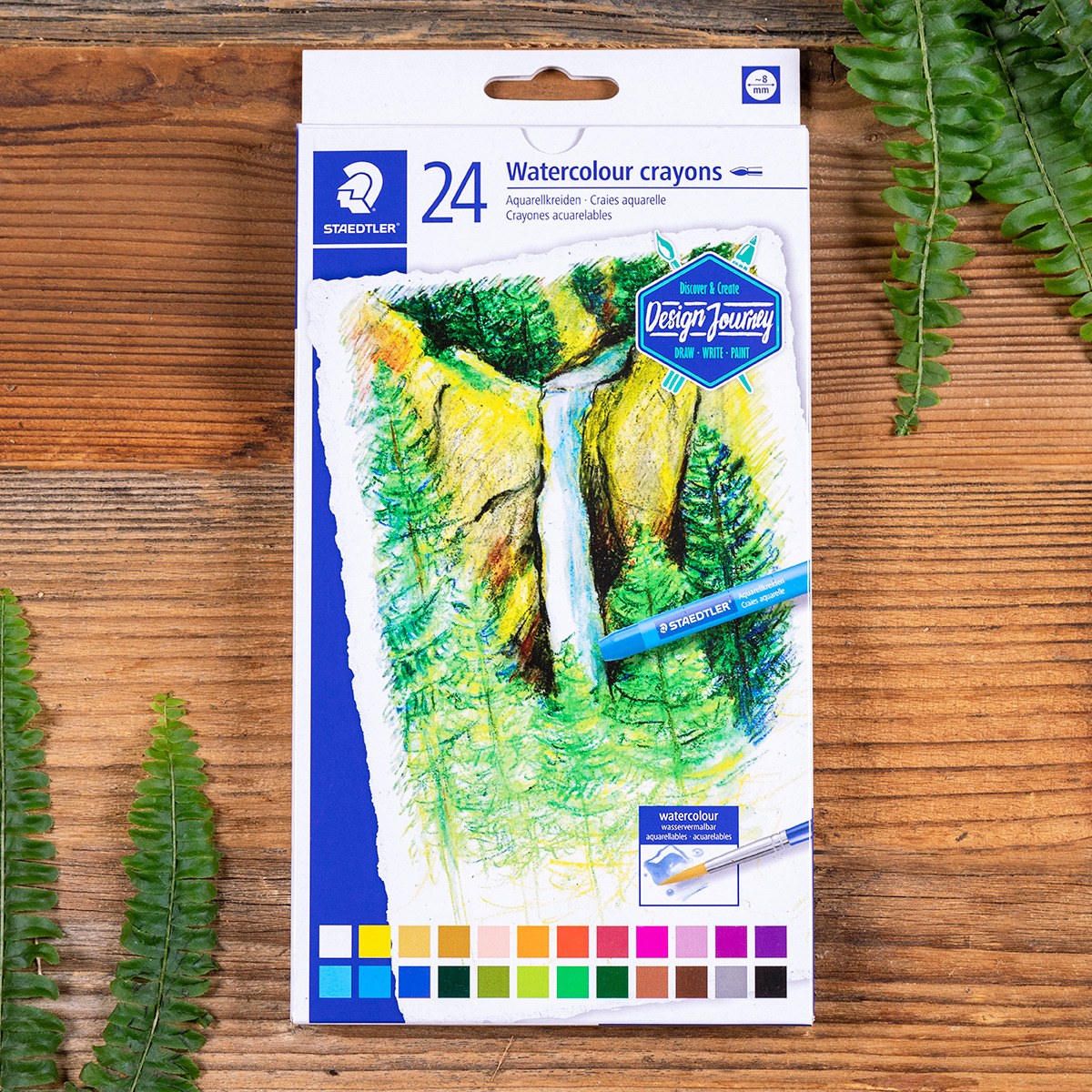 Open box of 24 Staedtler watercolour crayons on a wooden table beside fern leaves, Staedtler lifestyle photo