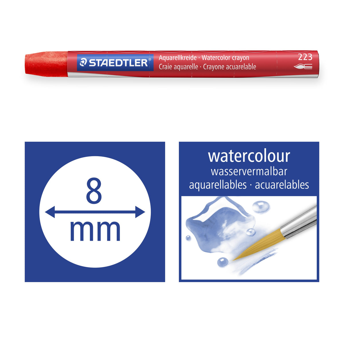 Staedtler pictograms for the 223: a red crayon above an 8 mm diameter symbol and a watercolour tile showing a brush and water drop