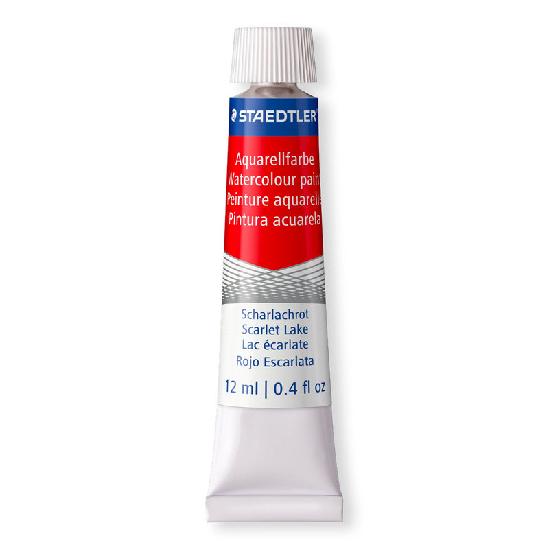 A single Staedtler 8880 watercolour tube standing upright, red and white label printed Scarlet Lake and 12 ml