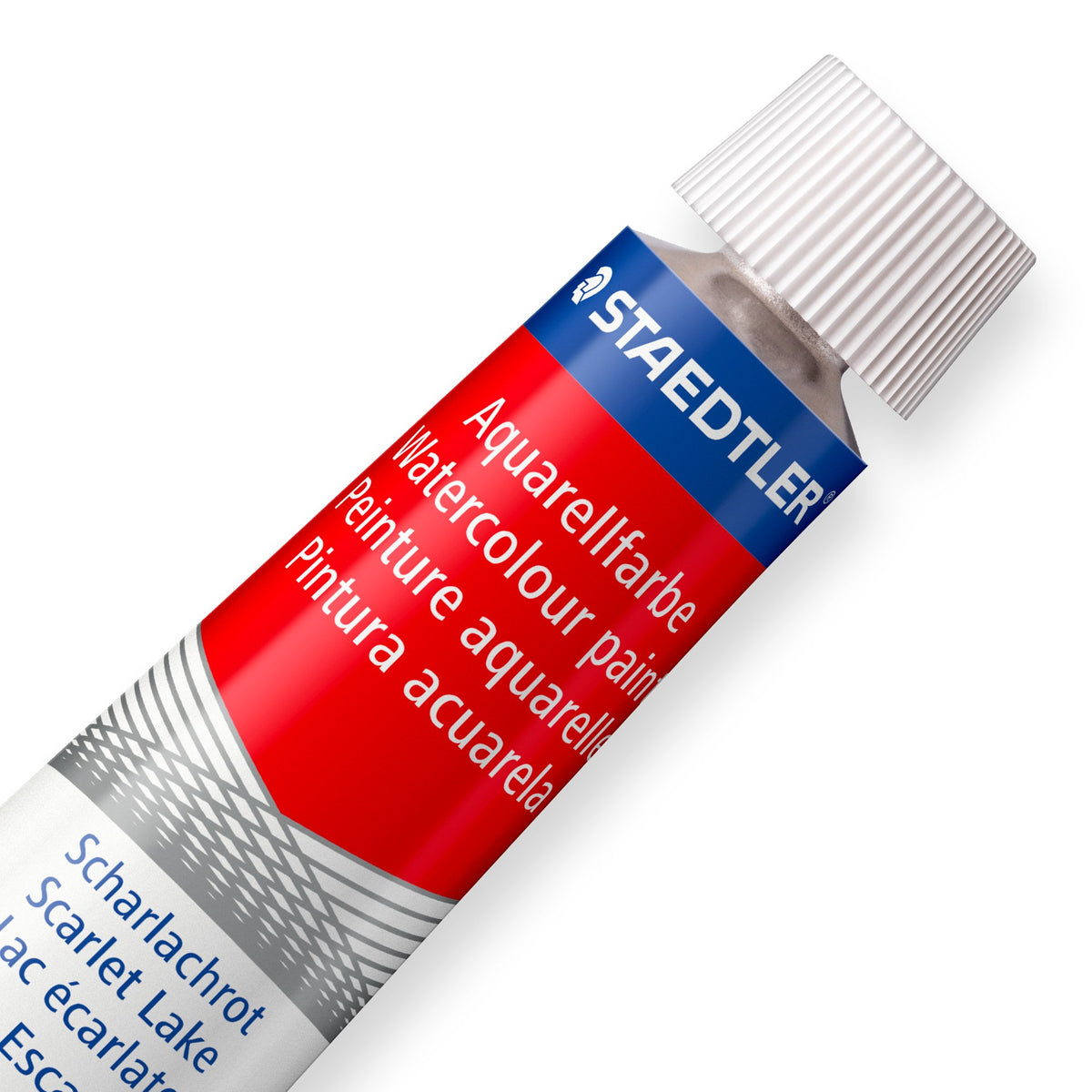 Angled close view of a Staedtler watercolour tube label in red, with the white screw cap at the top