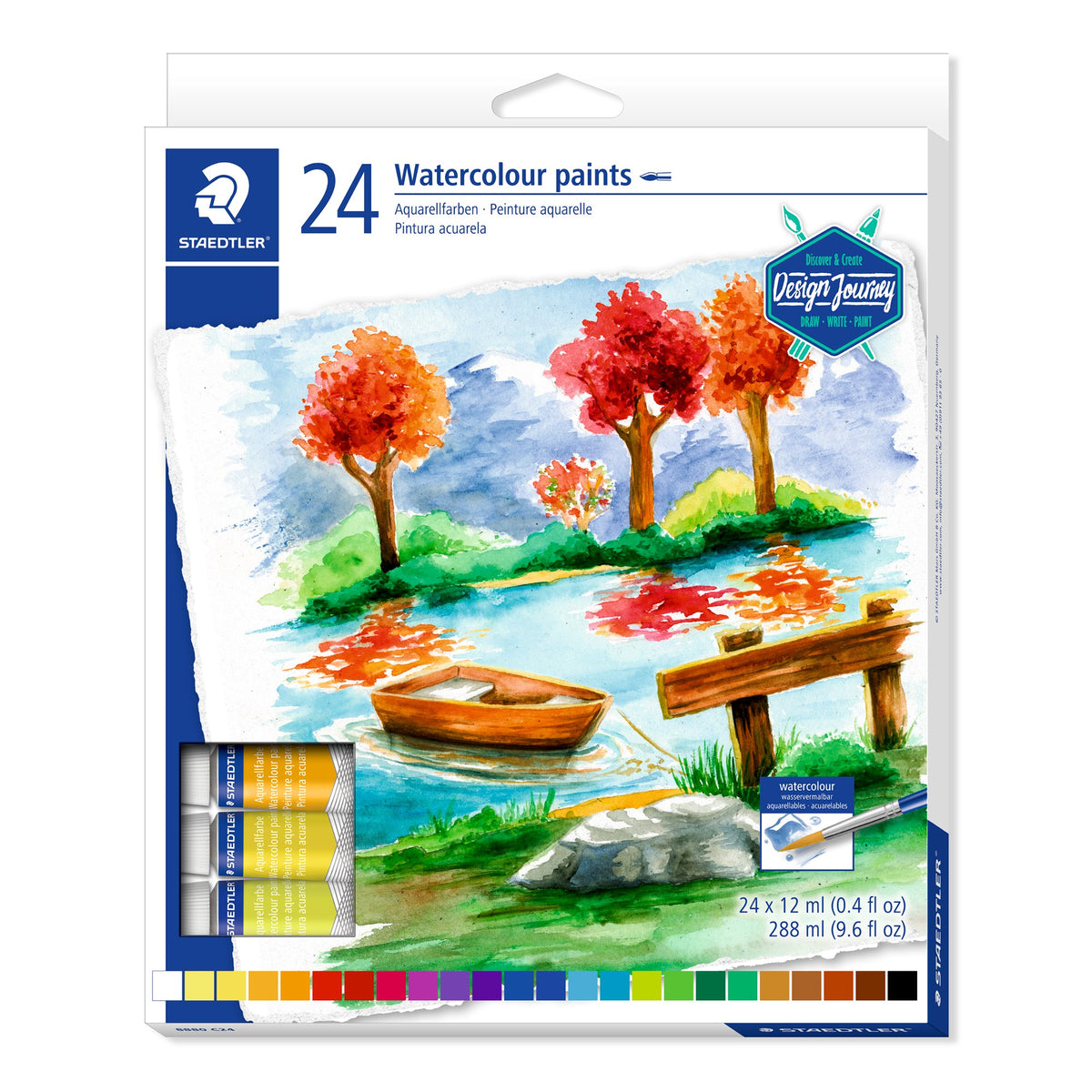 Staedtler 8880 watercolour paints box of 24 with a painted lake, trees and rowing boat, tubes in a window and the print 24 x 12 ml, 288 ml