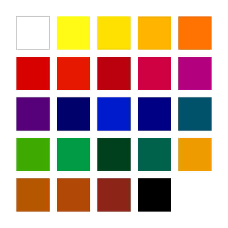 Chart of the 24 colours in the box arranged in five rows, from white and yellows through reds, purples and blues to greens, browns and black