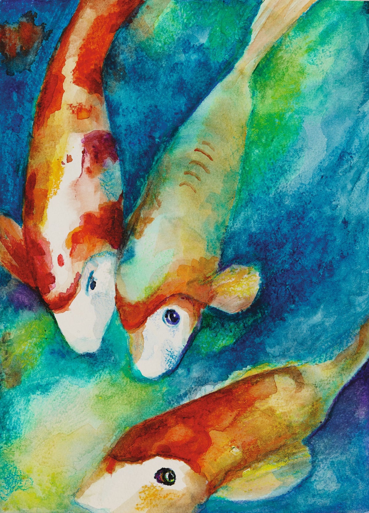 Finished watercolour of three koi fish in orange, red and white over swirling blue and green water, a Staedtler sample painting