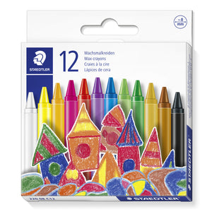 Staedtler box of 12 wax crayons 220 08, coloured crayons standing over a crayon drawing of towers and houses, approx. 8 mm icon at top