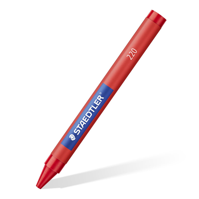 A single red Staedtler 220 wax crayon on a diagonal, slim round body in a paper sleeve printed STAEDTLER and 220