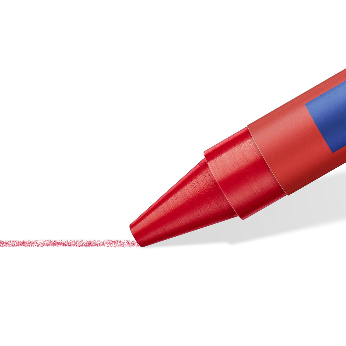 Close-up of the pointed red tip of a 220 crayon drawing a thin waxy line on white paper