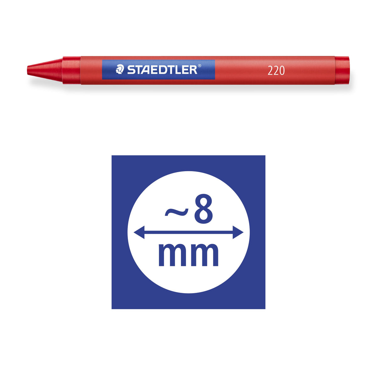 Staedtler pictogram showing approx. 8 mm crayon diameter, under a side view of the 220 crayon