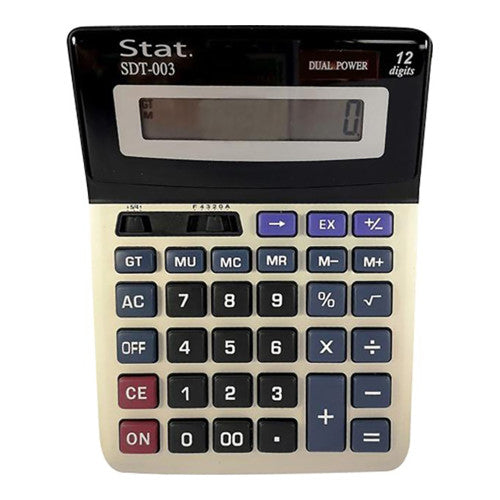 Stat SDT003 12-digit dual power desktop calculator with large tilted display and metal cover