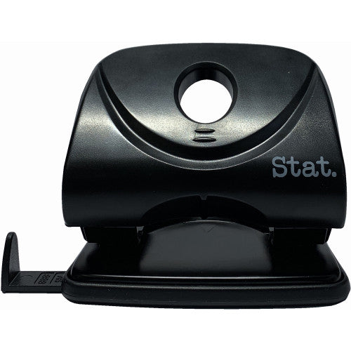 Stat large 2-hole plastic punch in black with adjustable guide and confetti tray, 30-sheet capacity