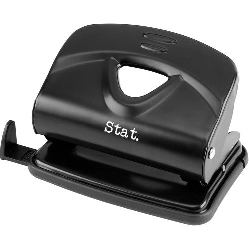Stat medium 2-hole black metal punch with adjustable guides and removable confetti tray, 20-sheet capacity