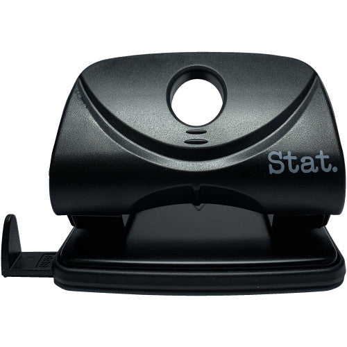 Stat medium 2-hole punch in black with removable confetti tray and adjustable paper guide, 20 sheet capacity