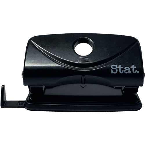 Stat. 2-hole small plastic punch in black, showing adjustable paper guide and removable confetti tray