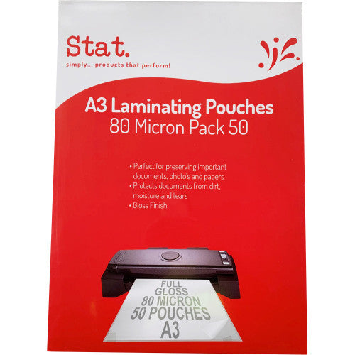 Stat A3 80 micron gloss laminating pouches, pack of 50, clear finish