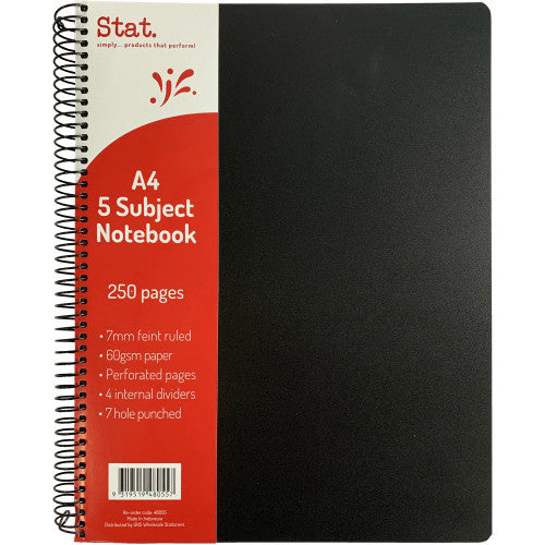 Stat A4 5 Subject spiral notebook with black polypropylene cover, 250 pages, 7mm ruled, pack of 5