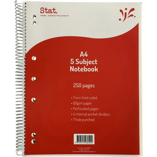 Stat A4 5 Subject Spiral Notebook with red board cover, 250 pages, 7mm ruled, pack of 5