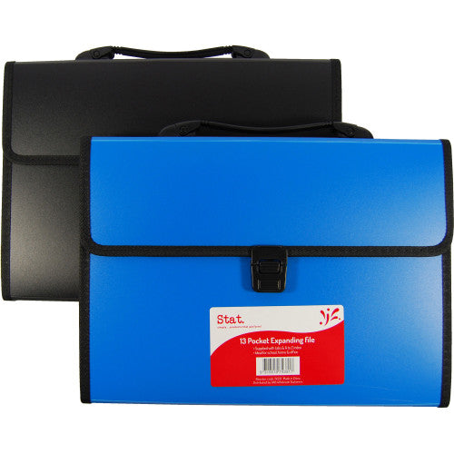 Stat A4 expanding file with 13 fixed pockets and carry handle shown in assorted colours