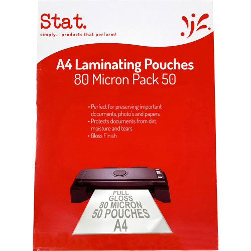 Stat A4 80 micron gloss laminating pouches, clear, pack of 50