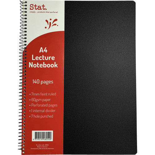 Stat A4 lecture book with black polypropylene cover, spiral bound, 140 pages, 7mm ruled - pack of 10