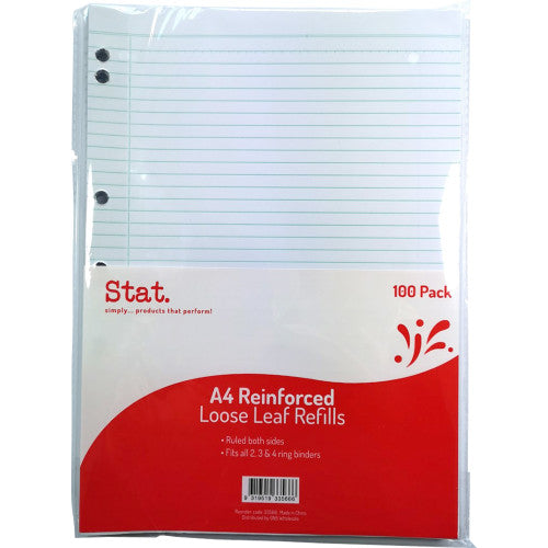 Stat A4 loose leaf reinforced ruled refill sheets, pack of 100, with 7-hole punch and mylar reinforced edge