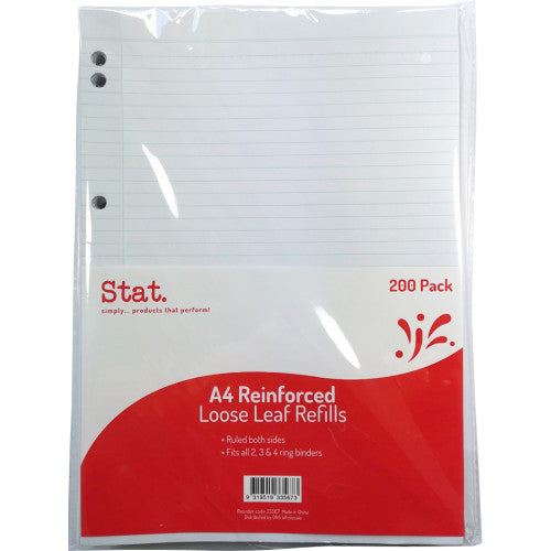 Stat A4 ruled loose leaf reinforced refills pack of 200 white sheets with 7-hole punching and mylar binding edge