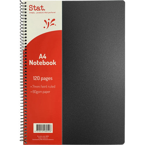 Stat A4 black polypropylene cover spiral notebook, 120 pages, 60gsm 7mm ruled - pack of 10