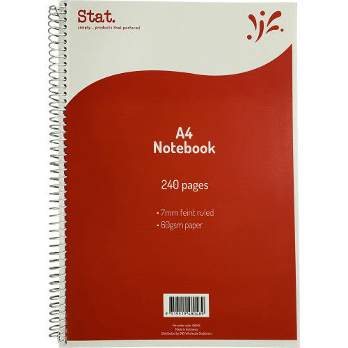 Stat A4 spiral notebook with red cardboard cover and 7mm ruled pages, pack of 5