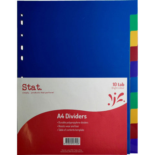 Stat A4 polypropylene dividers with 10 bright assorted colour tabs and table of contents template