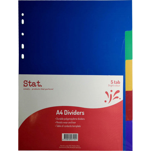 Stat A4 polypropylene dividers with 5 bright assorted colour tabs and table of contents template