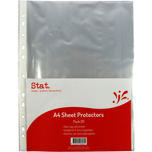 Stat A4 clear sheet protectors 35 micron pack of 20 with reinforced 11-hole punched binding edge