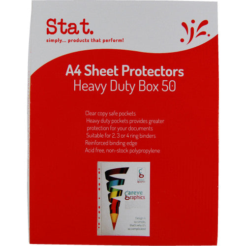 Stat A4 clear heavy duty 70 micron sheet protectors, box of 50, with reinforced 11-hole punched binding edge