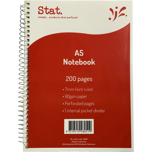 Stat. A5 red board cover spiral notebook 200 pages 60gsm 7mm ruled, pack of 5