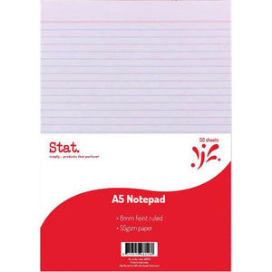 Stat A5 white ruled notepad, 50 sheets, 55gsm, top glued binding, 8mm feint ruling