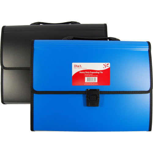 Stat A-Z Expanding File with 26 labelled polypropylene pockets and inbuilt carry handle, shown in assorted colours